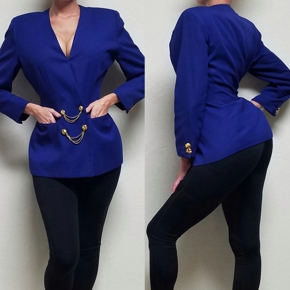VINTAGE 90s Stirling Cooper Royal Blue Gold Chain Adorned Knot Button Blazer - Picture 1 of 15
